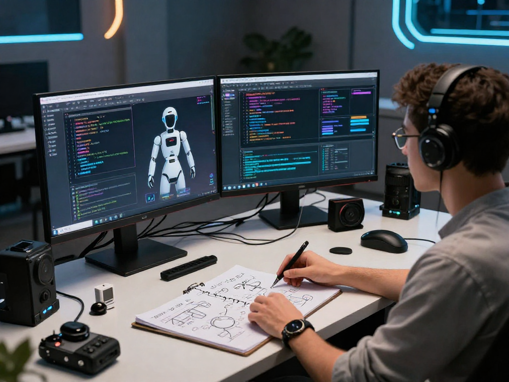 Developer designing an advanced sex bot in a modern tech workspace.
