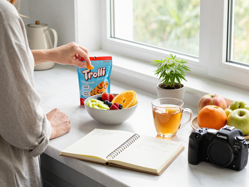 Trolli Originals gummies displayed on a bright kitchen counter with fresh fruit, CBD oil, and herbal tea promoting natural wellness.
