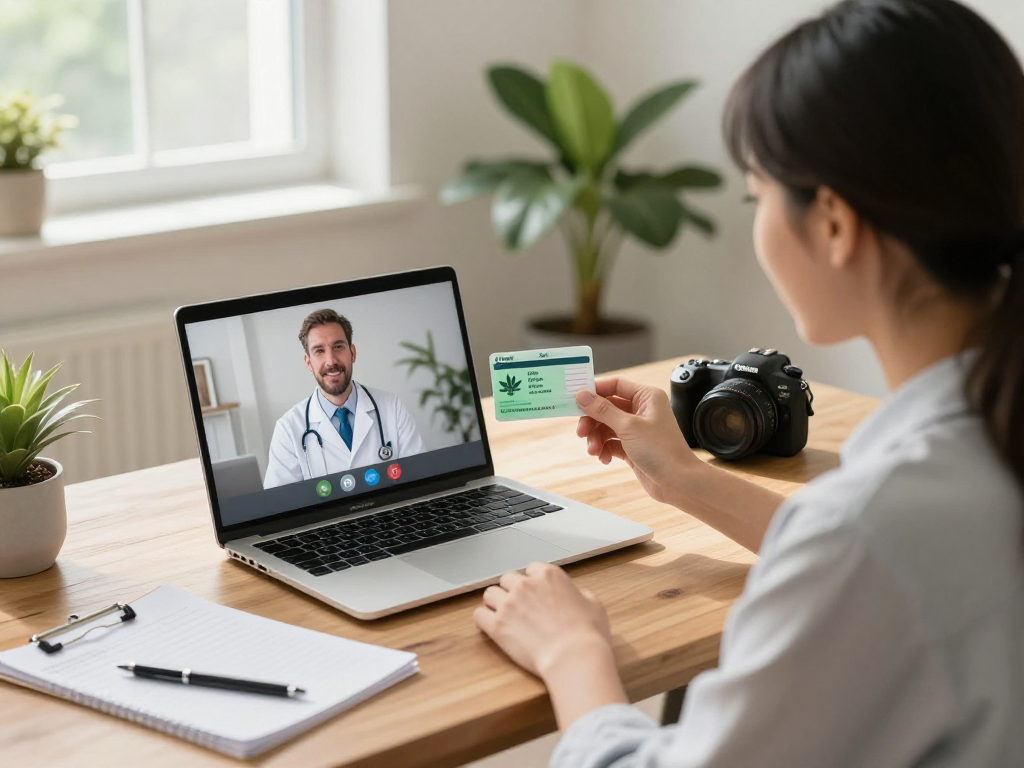 Medical marijuana card consultation in a cozy home office with physician on video call.